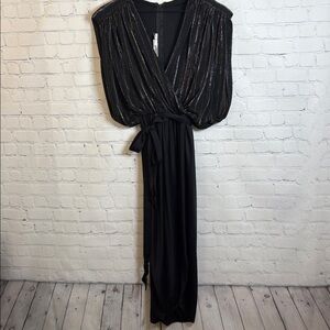 I. MAGNIN Vintage Faux Wrap Metallic Black Cocktail Dress size XS